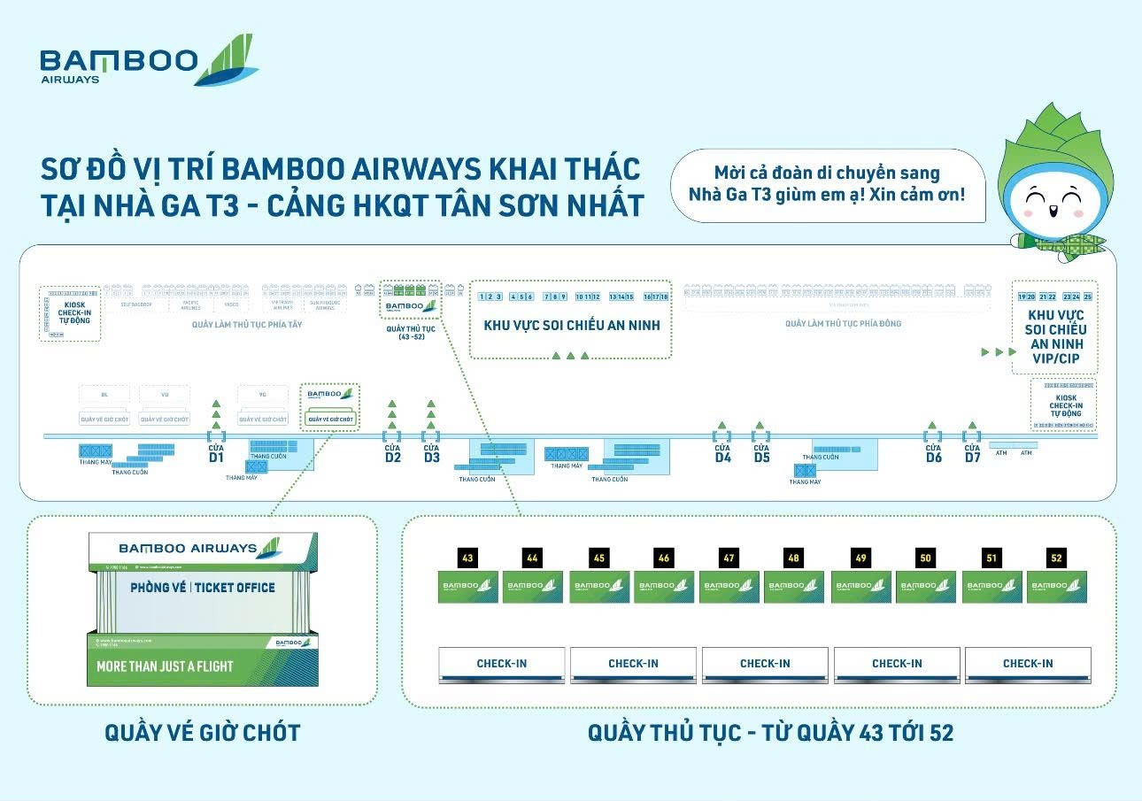Sơ đồ vị trí Bamboo Airways tại Nhà ga T3 - Cảng HKQT Tân Sơn Nhất