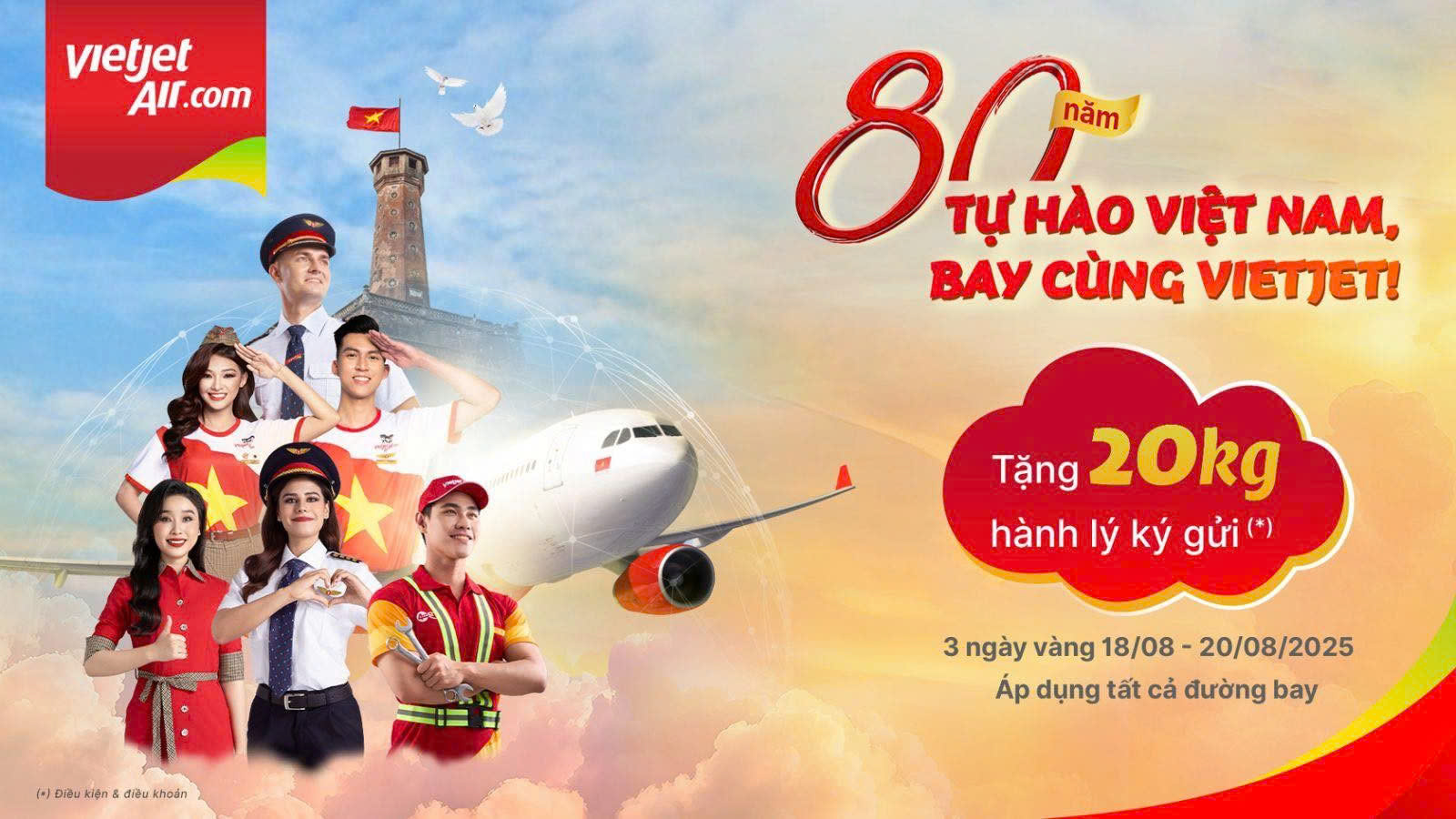 Vietjet Air – Tặng 20kg hành lý ký gửi (18–20/08/2025)