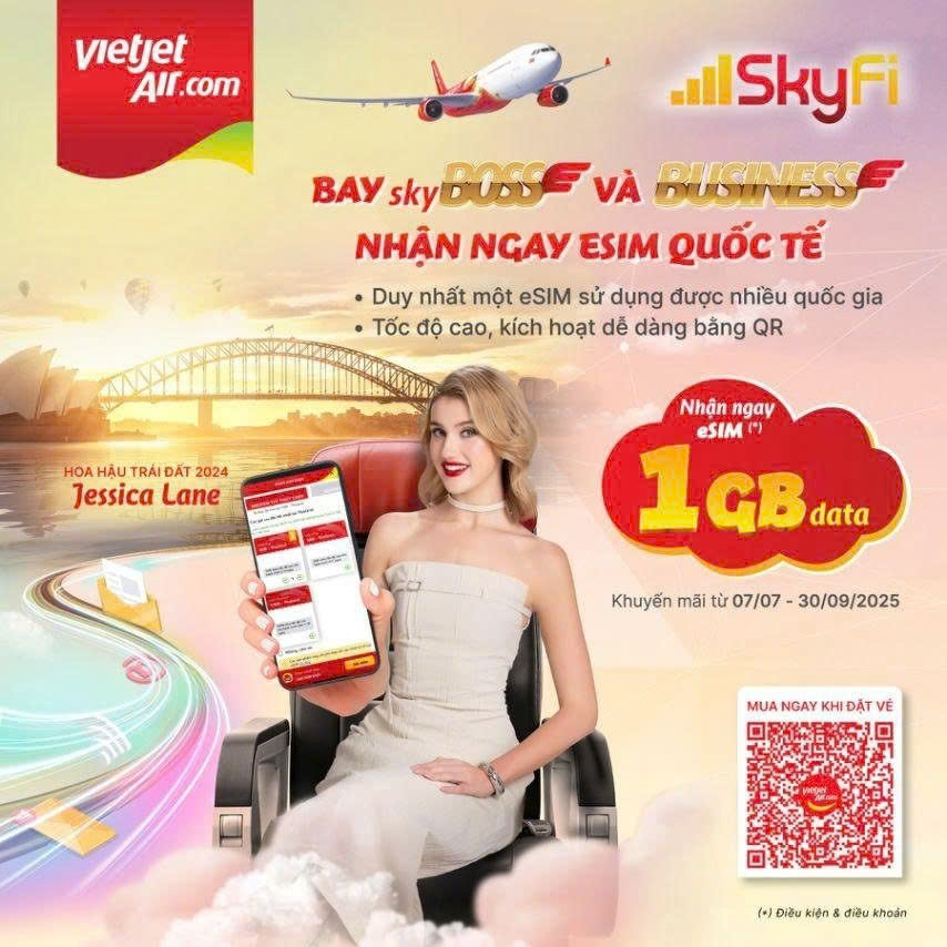 Vietjet tặng eSIM quốc tế khi bay Business/SkyBoss