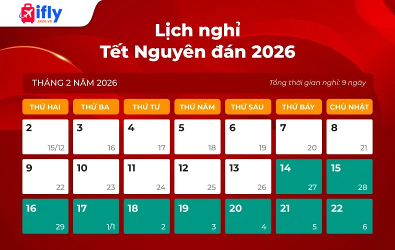 Lịch nghỉ Tết Nguyên đán 2026 (dự kiến 9 ngày)
