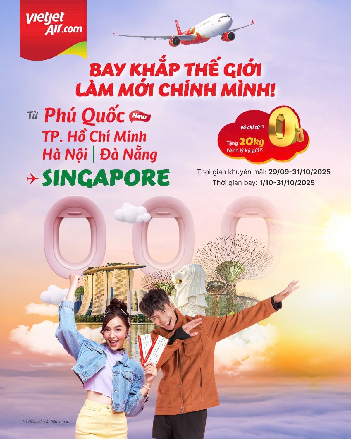 Vietjet – Tặng 20kg hành lý ký gửi đi Singapore