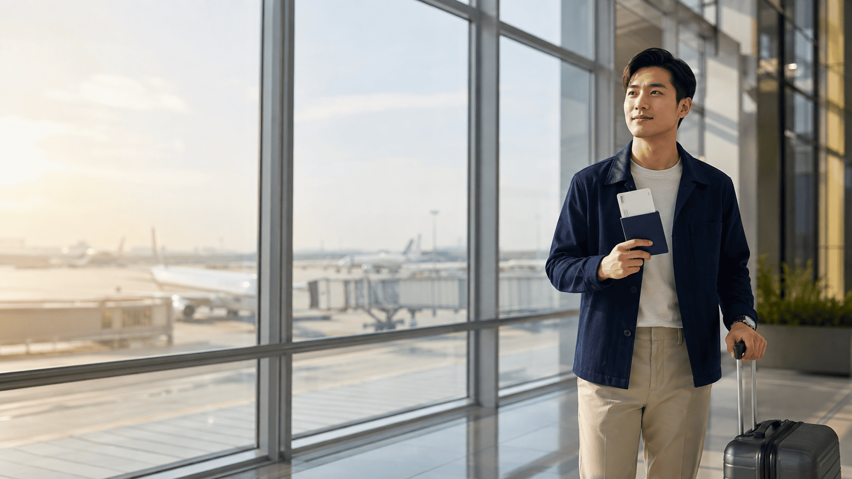 Hành khách Việt Nam cầm hộ chiếu và boarding pass tại sân bay hiện đại