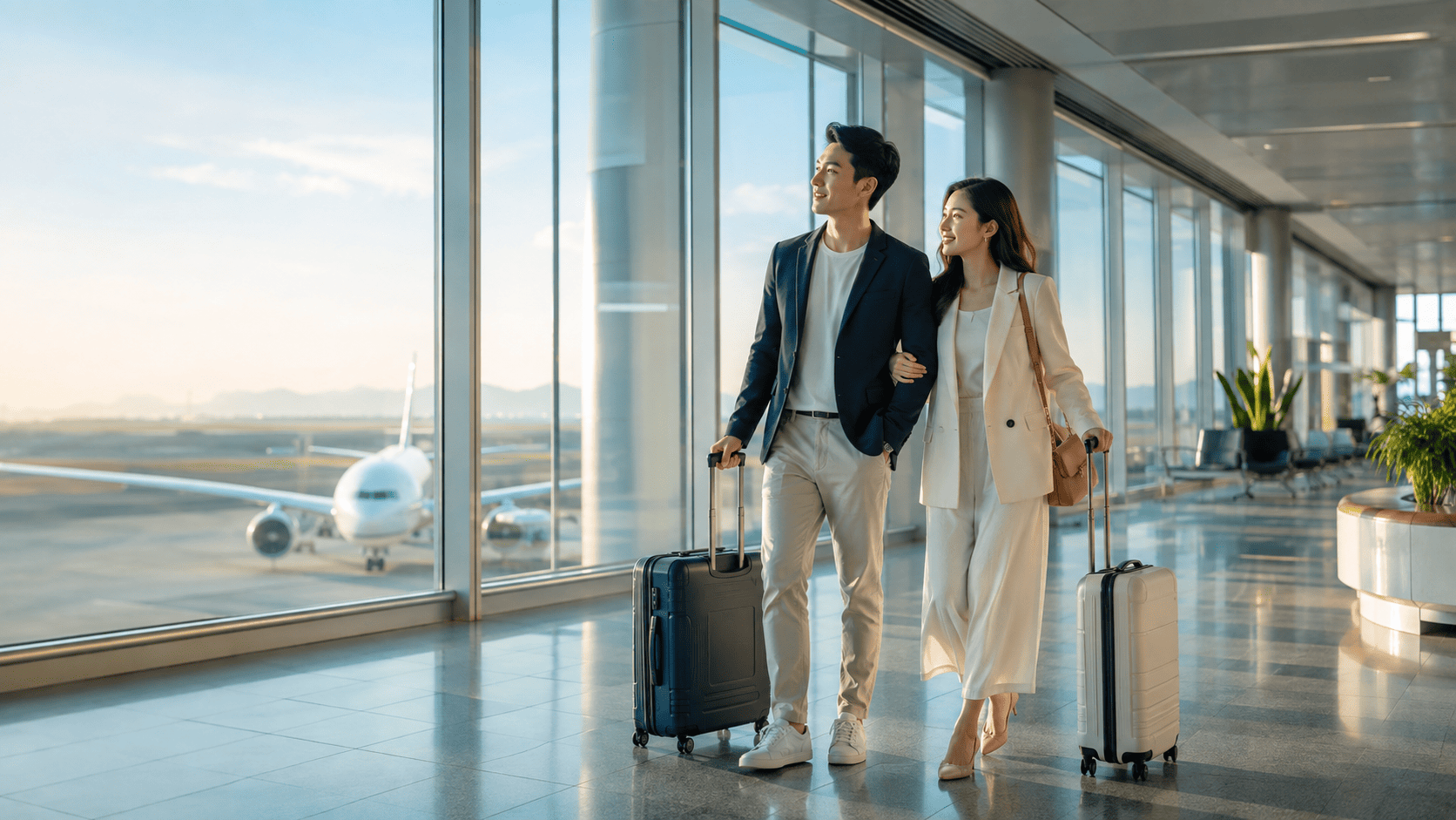 Cặp đôi chuẩn bị bắt đầu hành trình tại sân bay quốc tế