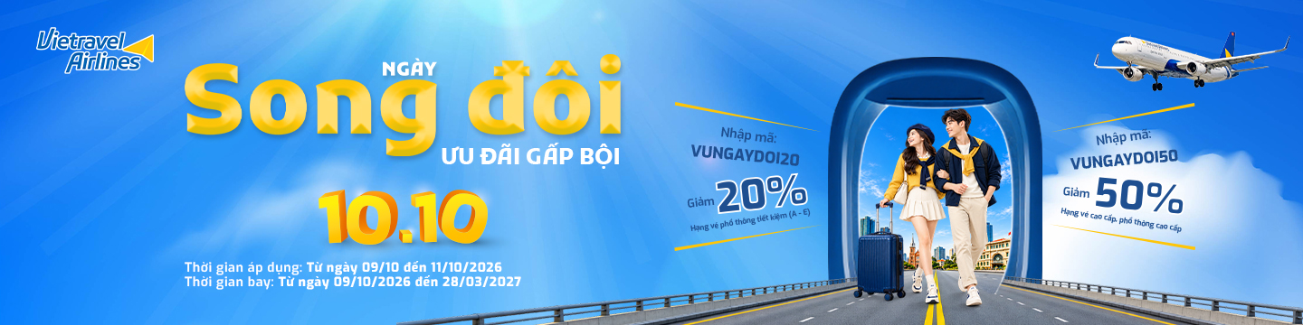 Vietravel Airlines ngày song đôi 10.10 giảm đến 50% với hai mã ưu đãi