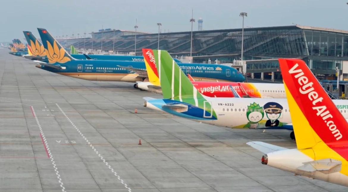 Nhiều máy bay của các hãng hàng không đỗ trước nhà ga sân bay.